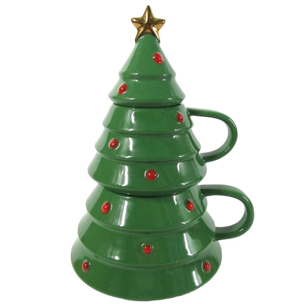 2022 Hallmark Ceramic Christmas Tree 2 Stackable Mugs 1 Lid Holiday Table Decor